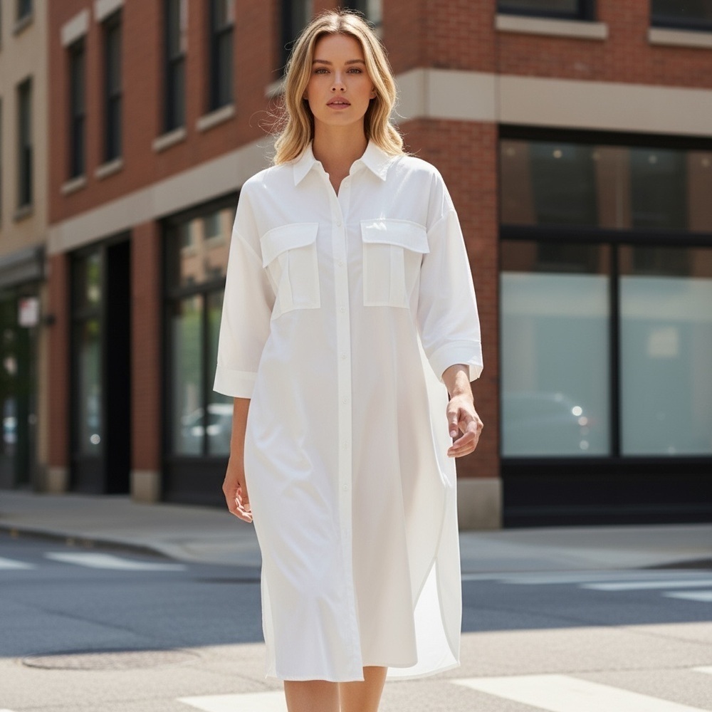AMT White Button Down Bow Front Shirt Dress
New